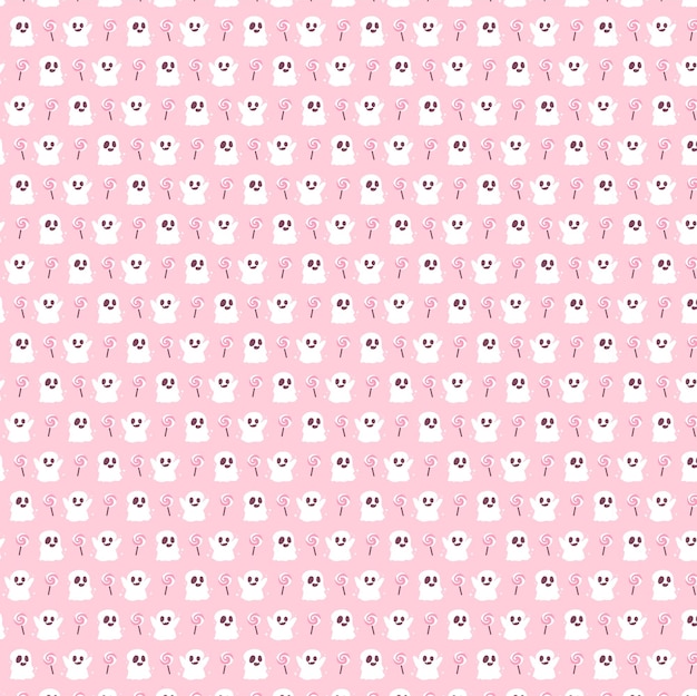 Cute ghost halloween doodle drawing seamless pattern pink background