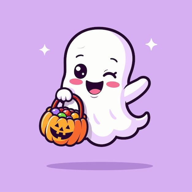 かわいいゴーストがキャンディーバスケットを握っているカボチャのアニメ