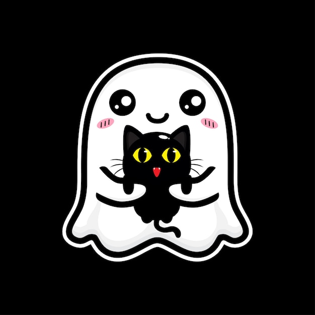 Vector cute ghost hugging black cat