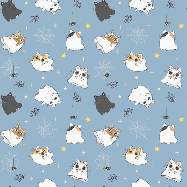 Cute ghost kitten cat halloween pattern seamless background cartoon doodle hand drawn