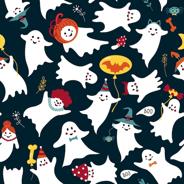 Cute ghost pattern. Seamless for Halloween with Funny spooky.  Adorable spirit with hats.