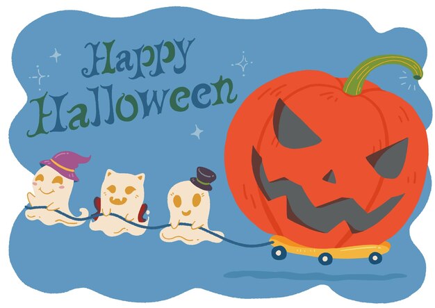 Vector cute ghost pulling halloween pumpkin to fly