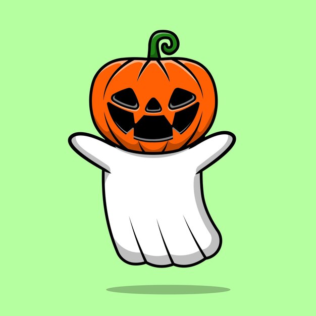 Cute Ghost Pumpkin Halloween Cartoon Vector Icon Illustration