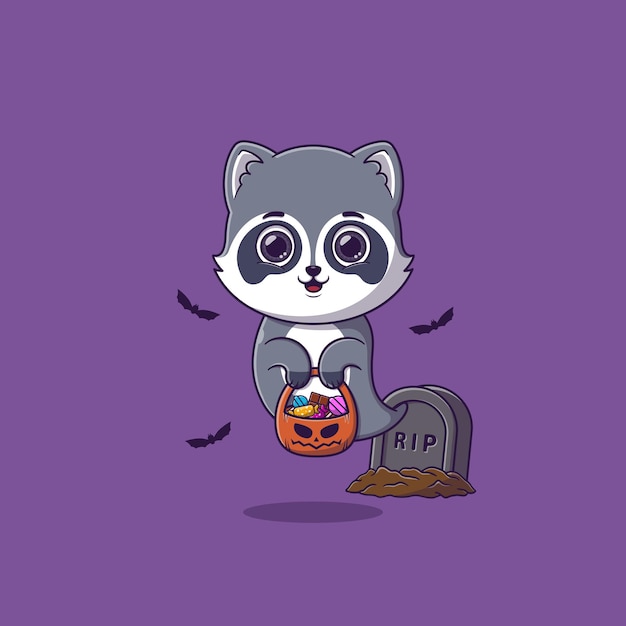 Cute ghost raccoon holding pumpkin basket full of candies