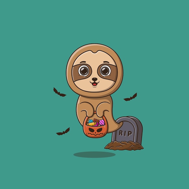 Cute ghost sloth holding pumpkin basket full of candies