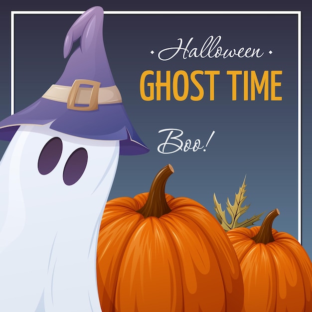 Cute ghost in a sorcery purple hat and pumpkins. Cartoon vector illustration for Halloween