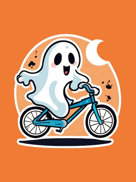 Vettore un fantasma carino con l'illustrazione vettoriale della bicicletta