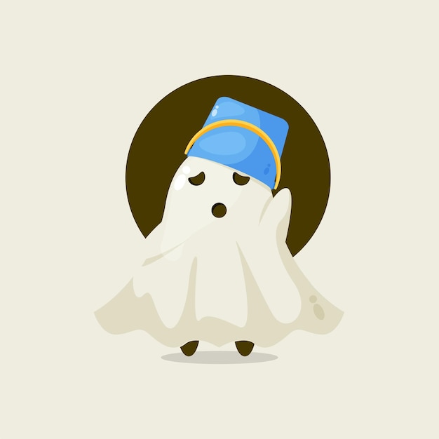 Cute ghost with bucket helmet cartoon illustration