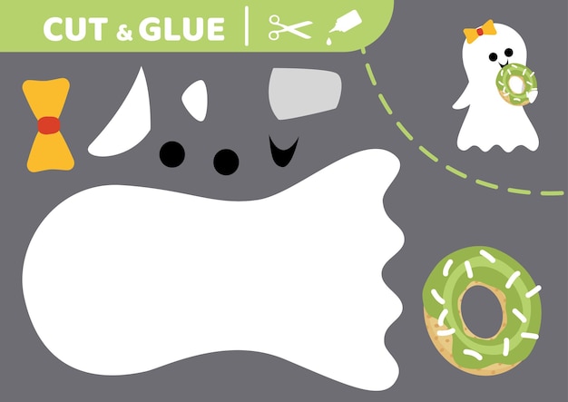 Vector cute ghost with donut cut and glue halloween application work paper game vector