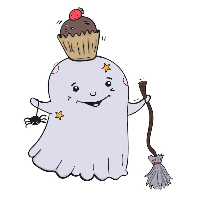 Cute ghost with a witch broom and a sweet cupcake