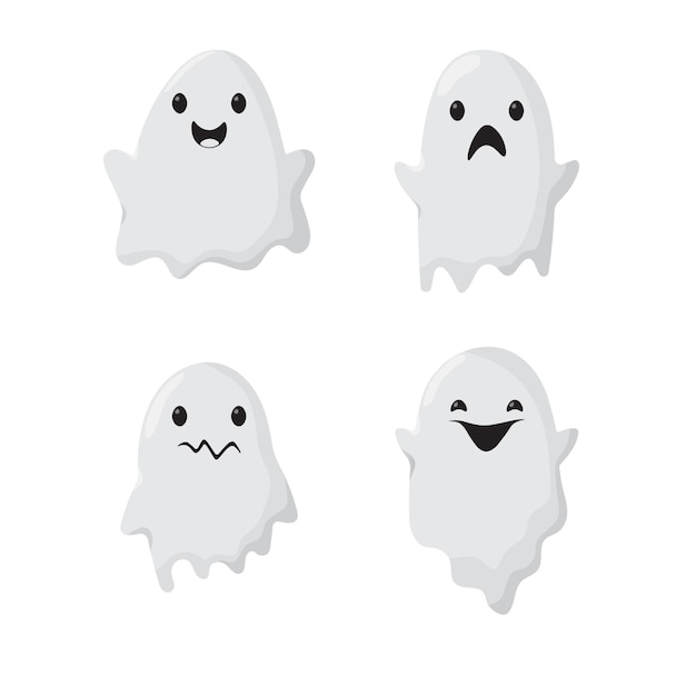 Cute ghosts. Vector set of different ghosts with different facial expressions. Character design.