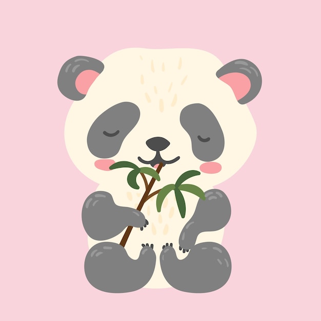 Vector cute giant panda bear eating bamboo leaves vector flat cartoon illustration isolated on white