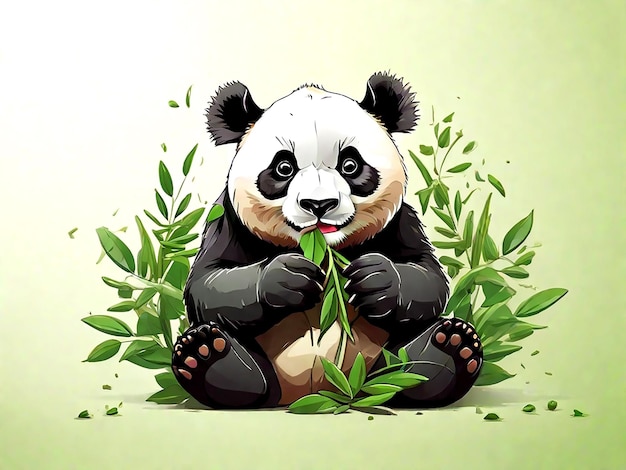 Cute giant panda chewing green bamboo leaves Vector AI_Generated