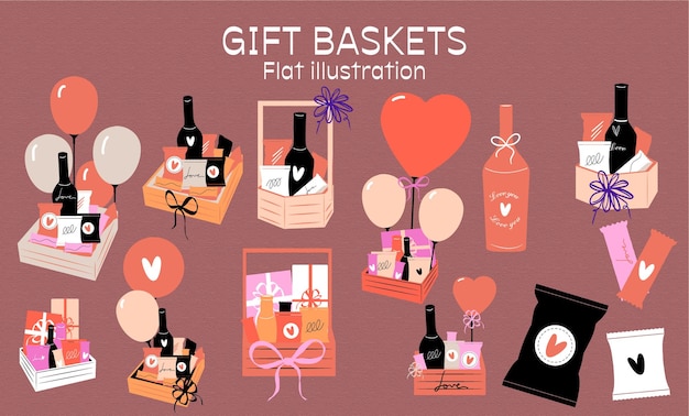 Vector cute gift baskets illustration