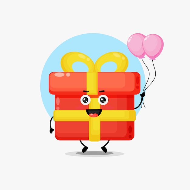 Vector cute gift box character carrying balloon