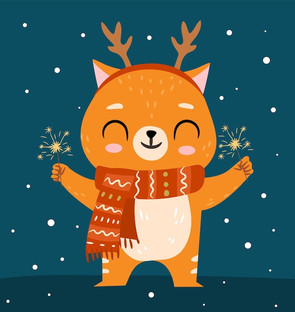 Cute ginger cat in Christmas scarf holding sparklers Cartoon winter vector character