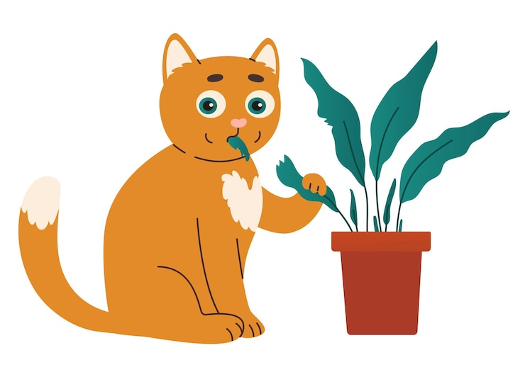 Vector cute ginger cat eat houseplant cat holds leaf in mouth domestic animal flat vector illustration