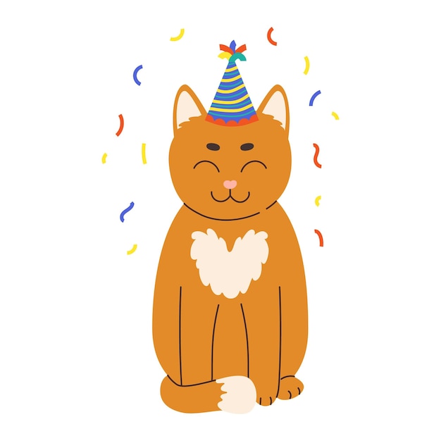 Cute ginger cat in a festive cap and a serpentine Pet celebrates a birthday Flat vector illustration