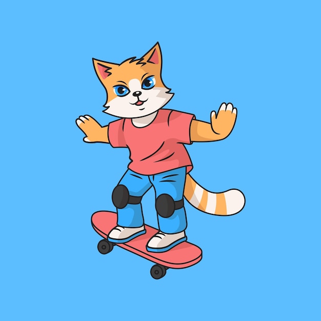 Cute ginger cat rides a skateboard