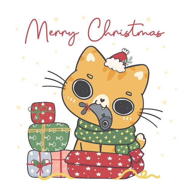 Vettore simpatico gatto gattino arancione zenzero con pesce regalo regalo di natale in piedi in confezione regalo rosa meowy christmas adorabile gioiosa cartone animato disegno a mano vettore