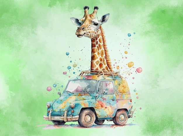 Vector cute giraffe on car watercolour illustration