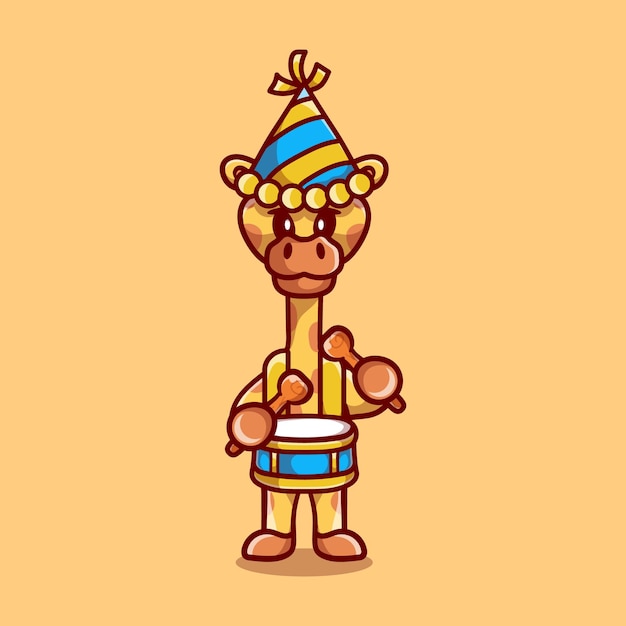 Vector cute giraffe celebrates new year playing drums