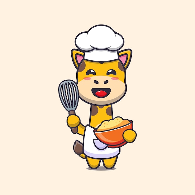 Cute giraffe chef mascot cartoon character with cake dough