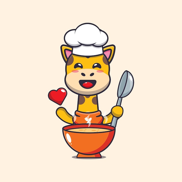 cute giraffe chef mascot cartoon character with soup