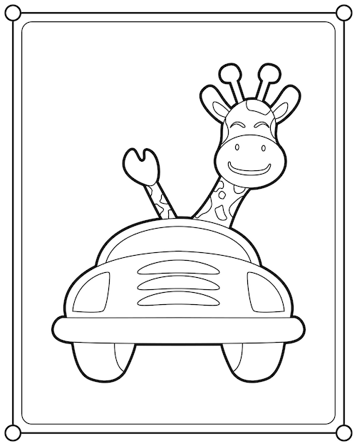 Симпатичный жираф за рулем автомобиля, подходящего для детской раскраски страницы векторной иллюстрации