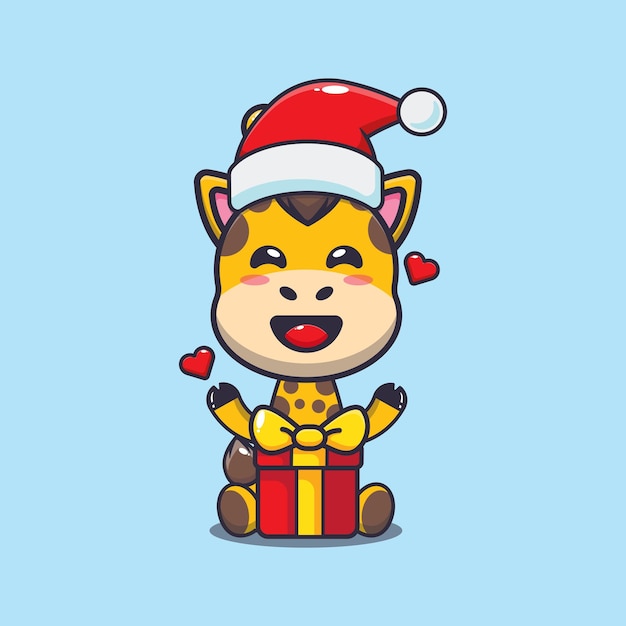 かわいいキリンはクリスマス プレゼントに満足しています。かわいいクリスマス漫画イラスト。