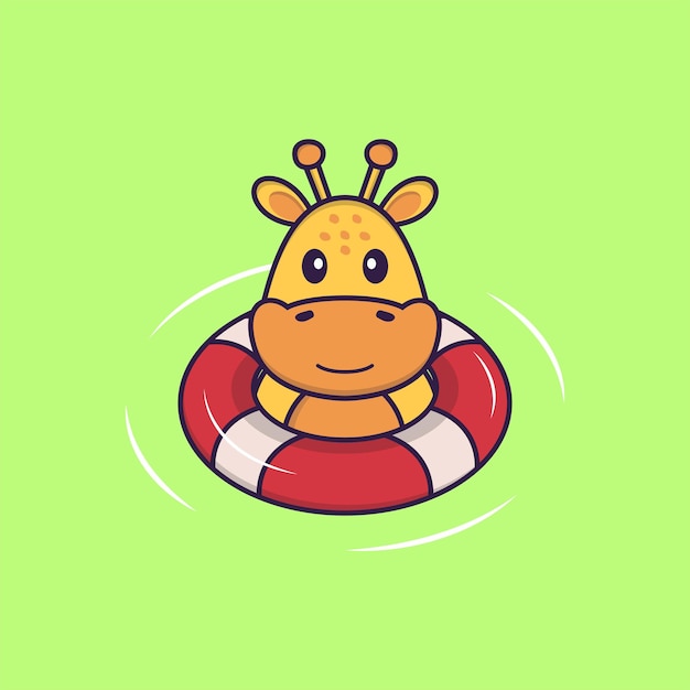 Cute giraffe is Swimming with a buoy. Animal cartoon concept isolated. Flat Cartoon Style