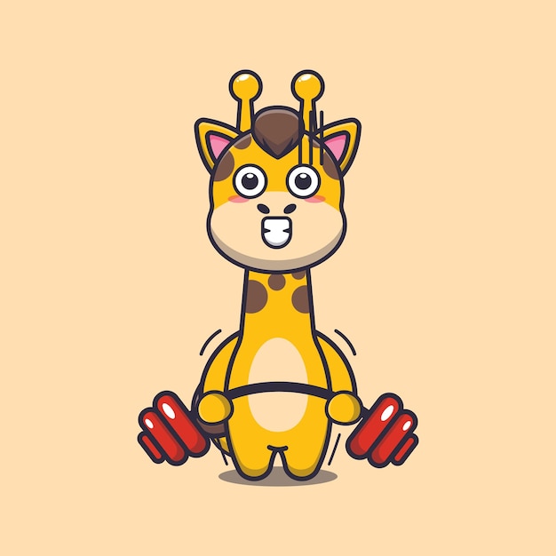 Cute giraffe lifting barbell cute cartoon animal illustration