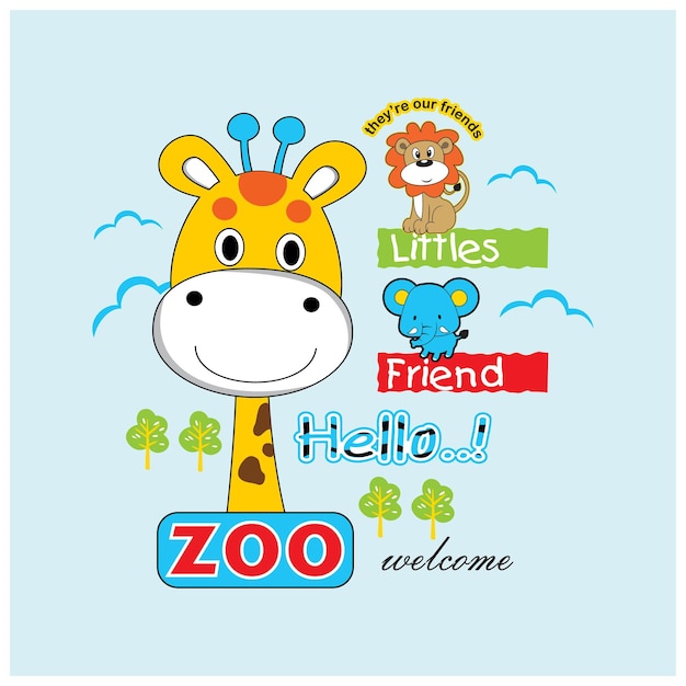 cute giraffe and little friends cartoon vector illustration