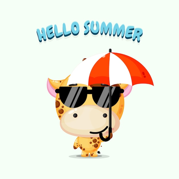 cute giraffe mascot carrying umbrella with summer greetings
