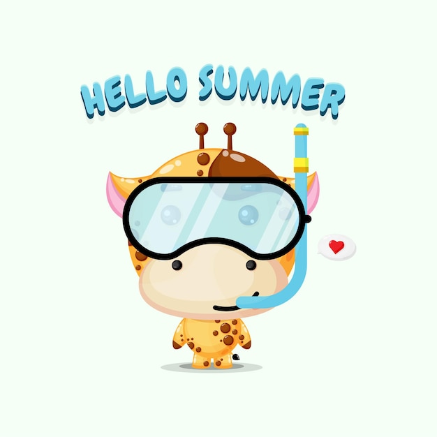 Cute giraffe mascot wearing diving gear with summer greetings