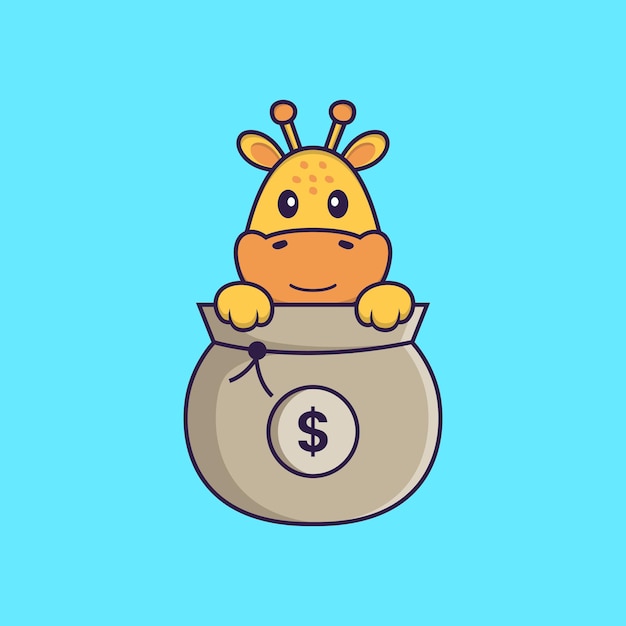 Vector cute giraffe playing in money bag animal cartoon concept isolated