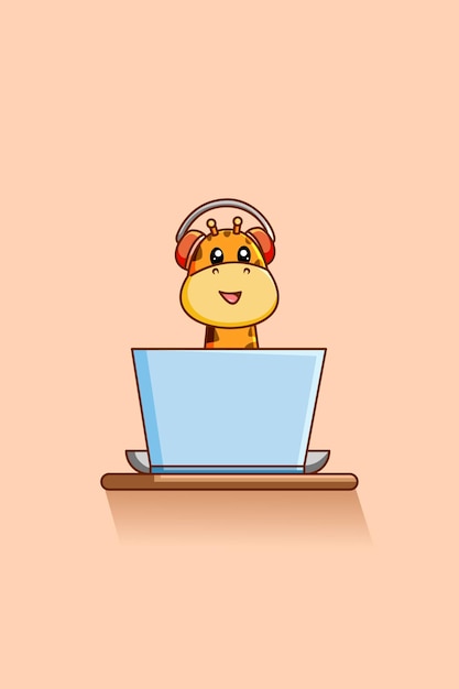 ノートパソコンの動物の漫画イラストで音楽を再生するかわいいキリン