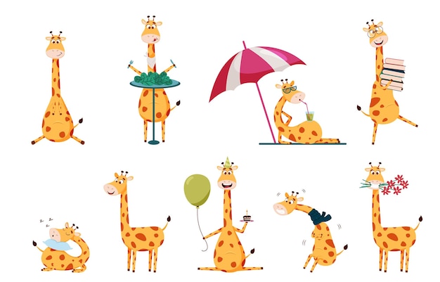 Cute giraffe sleeping eating leaves and waving paws vector illustration set