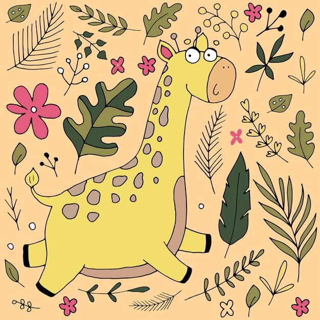 Cute giraffe smiles in leaves and flowers, cute baby illustration