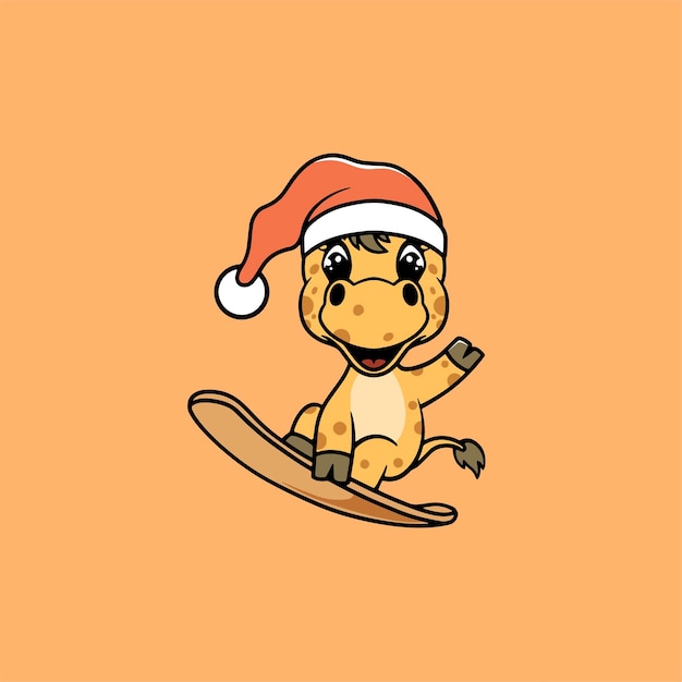 Cute giraffe snowboarding on christmas cartoon illustration
