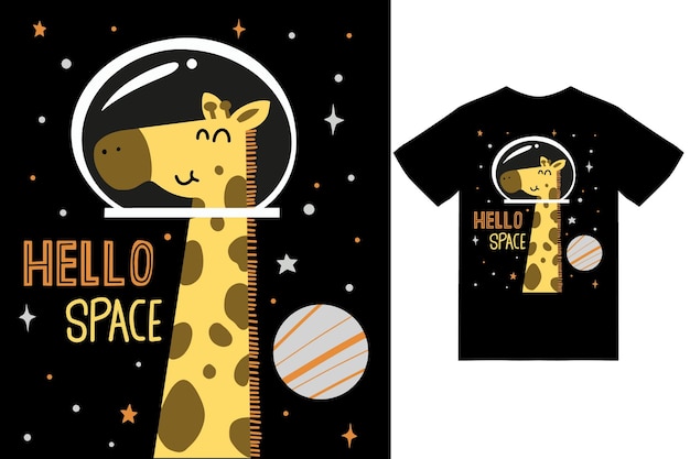 Tシャツデザインのプレミアムベクターと宇宙イラストのかわいいキリン