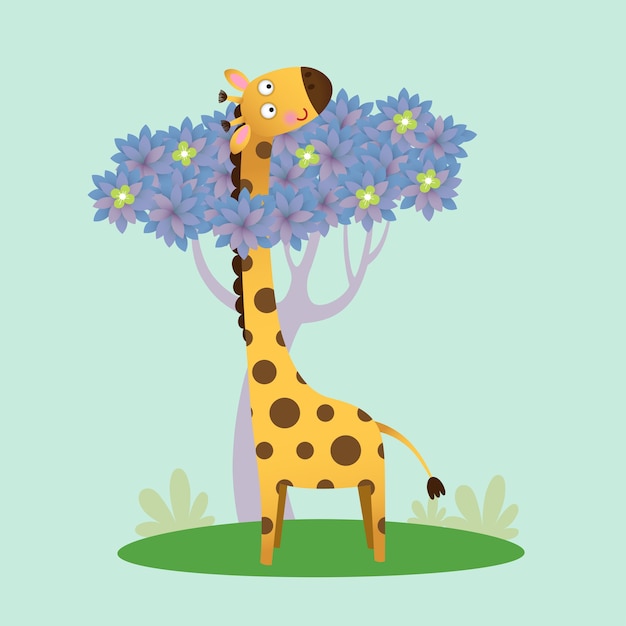 Vector cute giraffe standing with the tree.