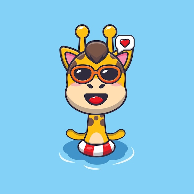 Cute giraffe in sunglasses swimming on beach cartoon illustration.