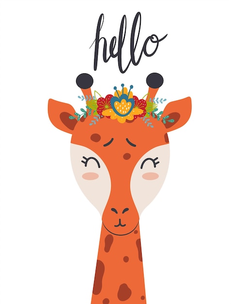 Cute giraffe with flower wreath in scandinavian style for kids design