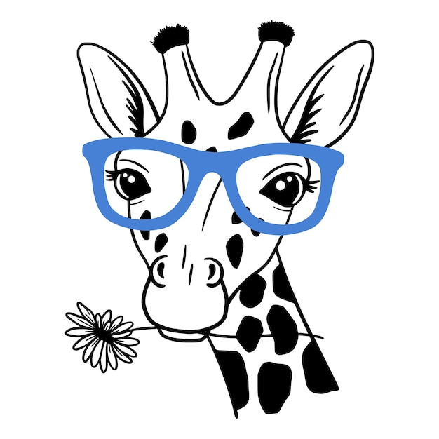 Cute Giraffe with glasses and flower daisy Line Art Floral Giraffe sketch vector illustration