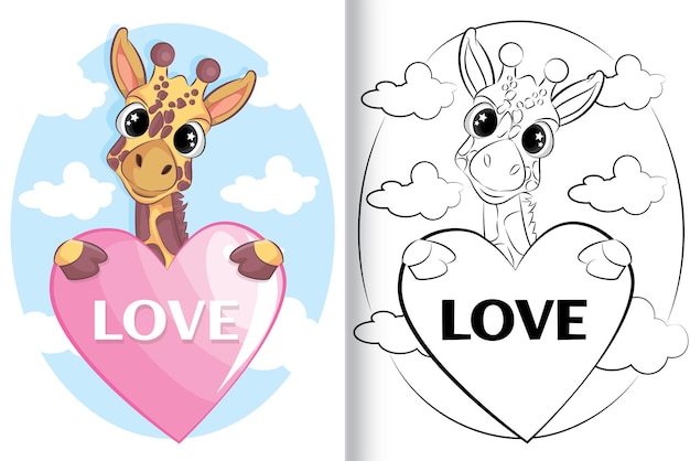 Cute giraffe with love. coloring book for children black and white.