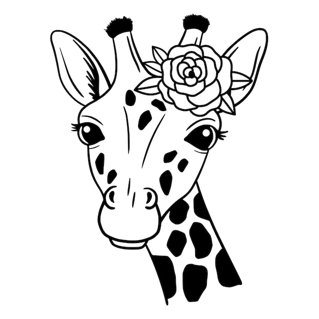 Cute Giraffe with rose Line Art Floral Giraffe sketch vector illustration