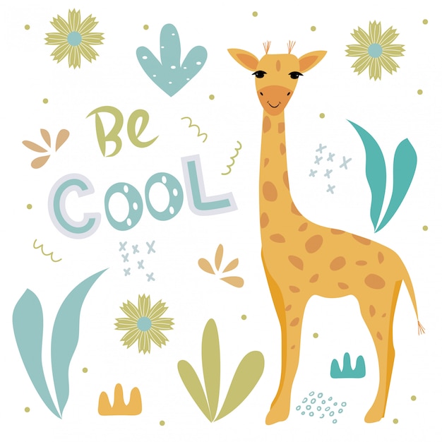 Vector cute giraffe and the words on the background with tropical plants