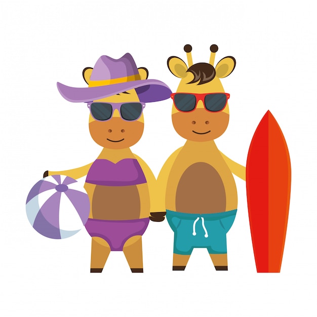 Cute giraffes couple with surfboard and balloon beach