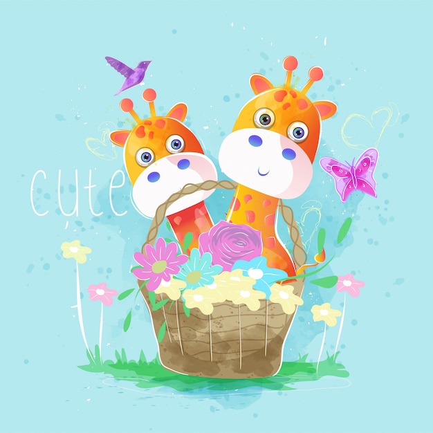 Cute giraffes in the spring basket